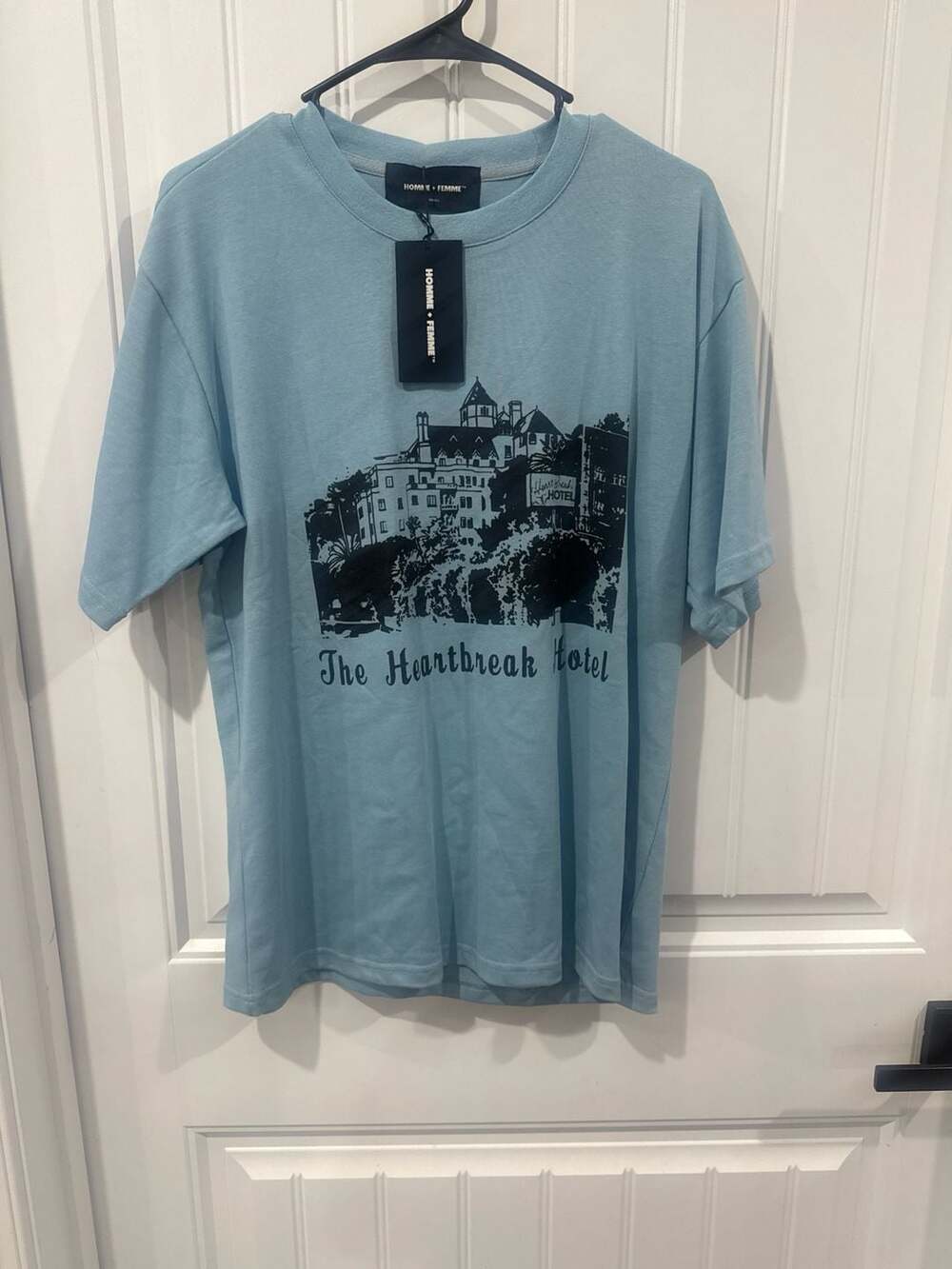 Homme + Femme The Heartbreak Hotel Graphic T-Shirt Light Blue Size Small